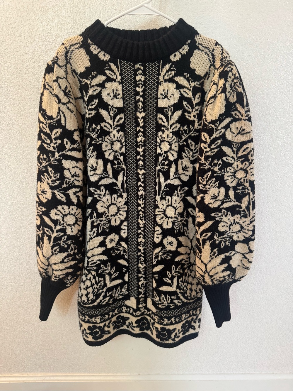 FARM Rio Black & Ivory Floral Jacquard Turtleneck Sweater Dress